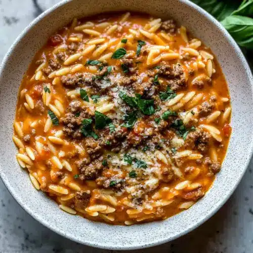 Ground Beef Orzo with Tomato Cream Sauce