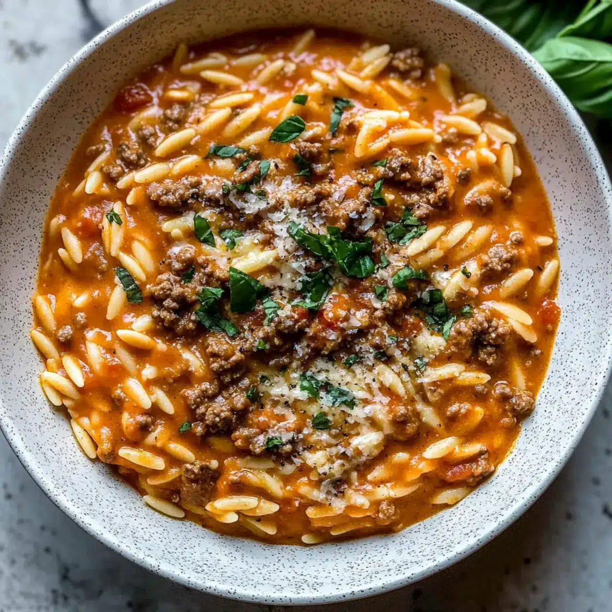 Ground Beef Orzo with Tomato Cream Sauce